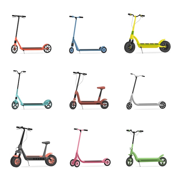 Set of electric scooters. Blue, red, pink, green, grey, and yellow scooters isolated on white background.