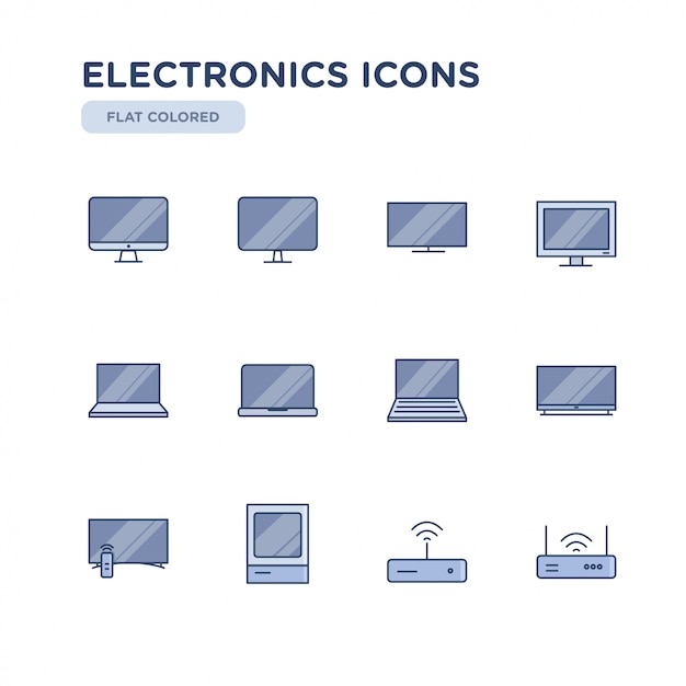 Set of Electronics Related Vector Colored Icons. Contains such Icons as Television, Computer, Laptop, Wi-fi and more.