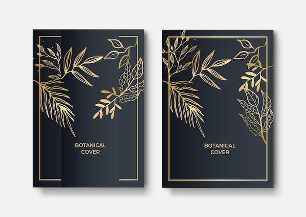 Set of elegant brochure, card, cover. Black and golden marble texture. Vintage gold background. Geometric frame. Palm exotic leaves. Botanical art