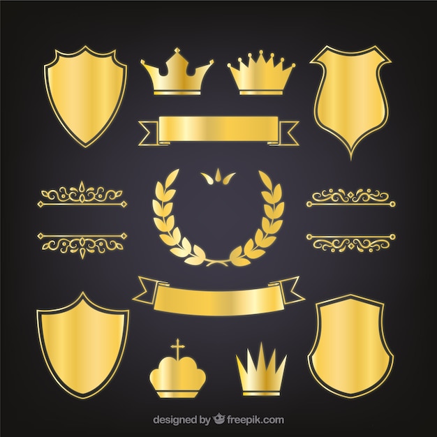 Set of elegant golden heraldic shields