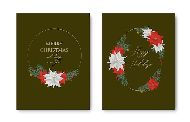 Set of Elegant Merry Christmas and New Year cards with pine wreath mistletoe winter plants design illustration for greetings invitation flyer brochure cover