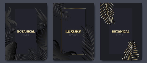 Vector set of elegant tropical posters with monstera leaves black cover layout template with exotic folia