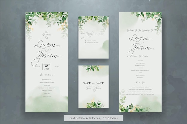 Set of Elegant Watercolor Wedding Invitation Card Template with Greenery Florals