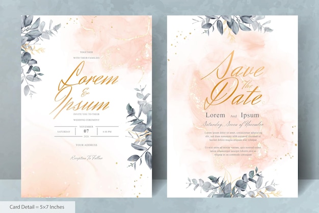 Set of Elegant Watercolor Wedding Invitation Card Template with Greenery Florals