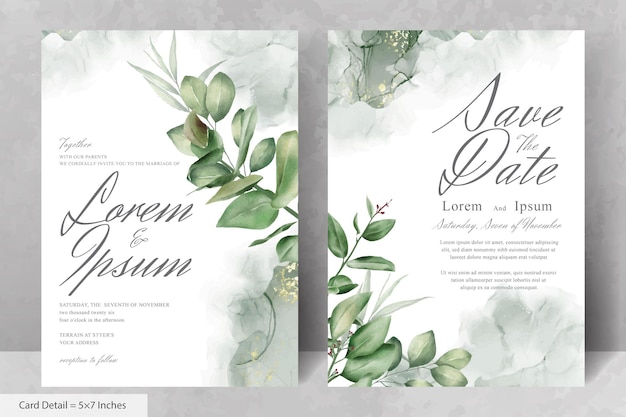 Set of Elegant Watercolor Wedding Invitation Card Template with Greenery Florals