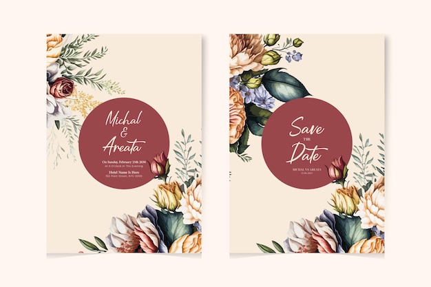 Set of elegant watercolor wedding invitation card template with greenery florals