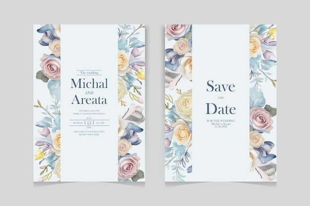 Vector set of elegant watercolor wedding invitation card template with greenery florals