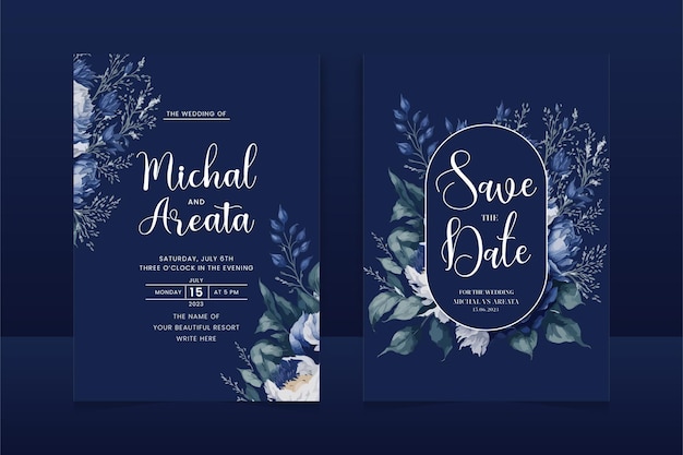 Set of elegant watercolor wedding invitation card template with greenery florals