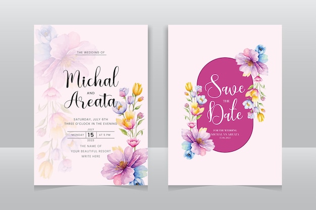 Set of elegant watercolor wedding invitation card template with greenery florals