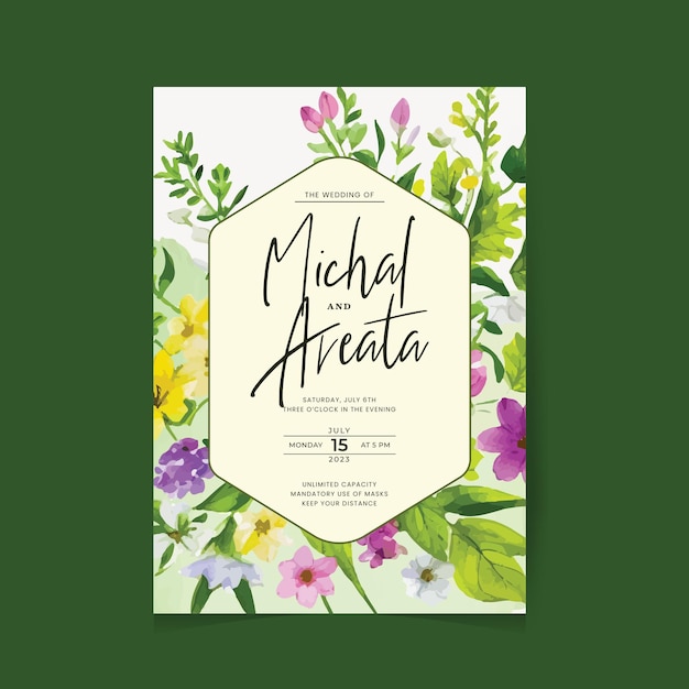 Set of elegant watercolor wedding invitation card template with greenery floras