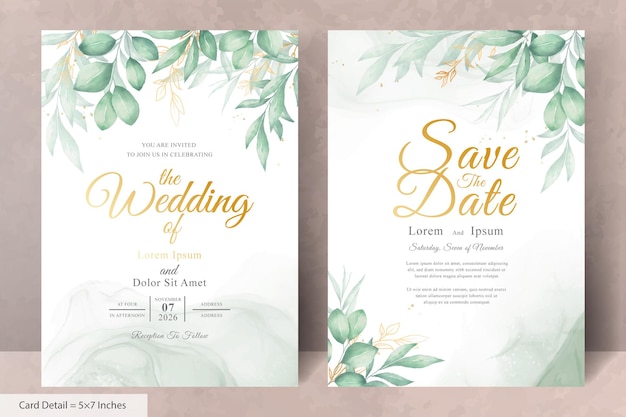 Set of Elegant Watercolor Wedding Invitation Card Template with Hand Drawn Floral