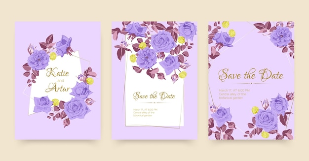 Set of elegant wedding cards with rose wreaths