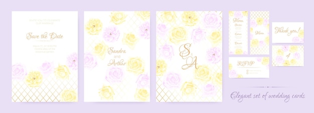 Set of elegant wedding cards with rose wreaths