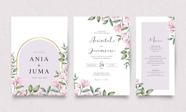 Set of elegant wedding invitation templates with purple flowers and green leaves