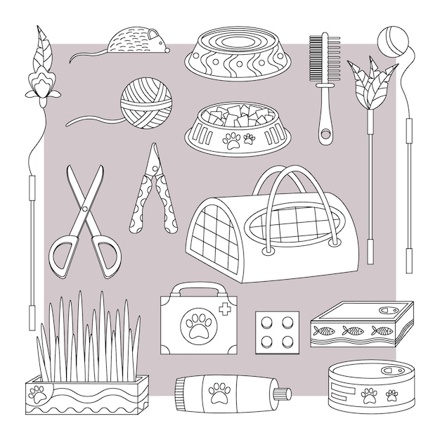 Set of elements for animals cats dogs Pet care Line art