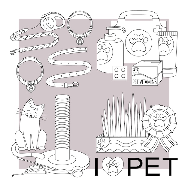 Set of elements for animals cats dogs Pet care Line art