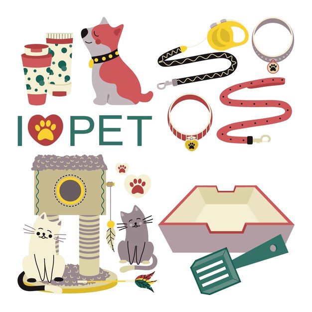 Vector set of elements for animals cats dogs pet care