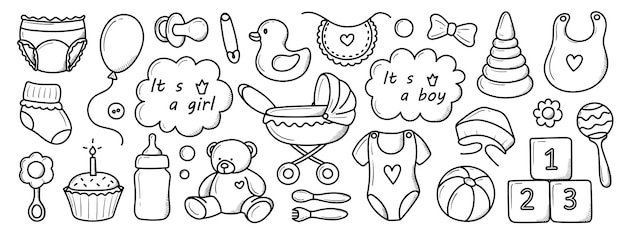 a set of elements of born children hand-drawn in doodle style