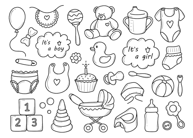 A set of elements of born children handdrawn in doodle style