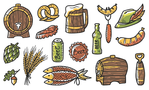 Set of elements for the brewery, including a beer, bear, hop, hat with a feather, barley, crumpled can and bottle