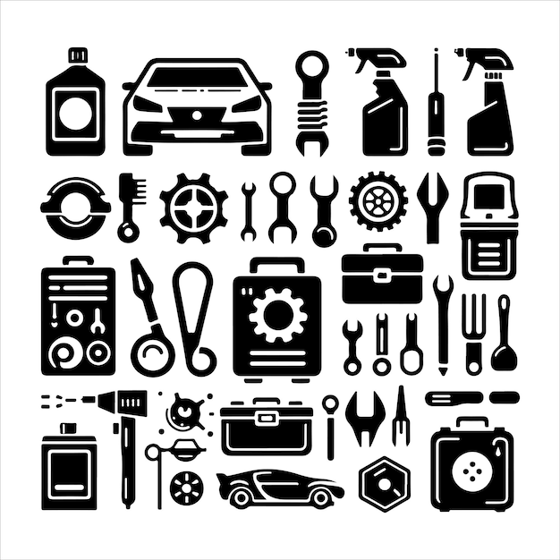 Set of elements of the car service silhouette vector