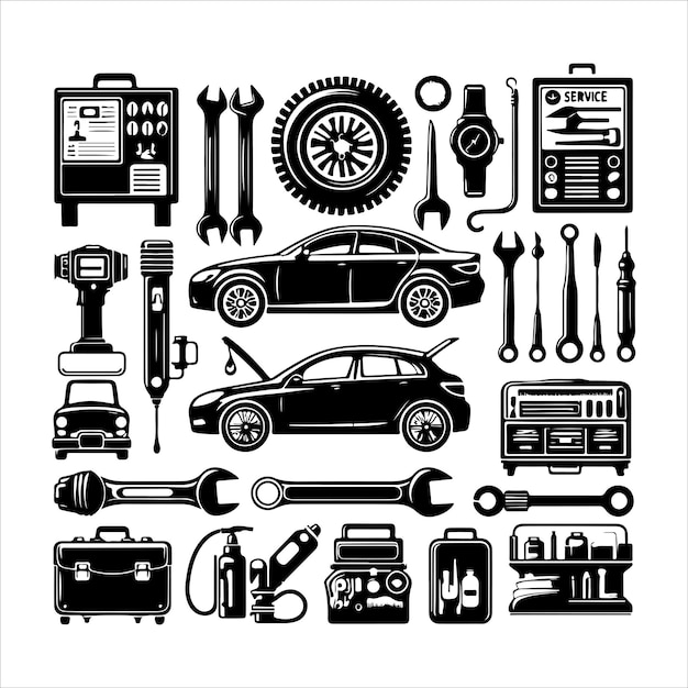 Vector set of elements of the car service silhouette vector