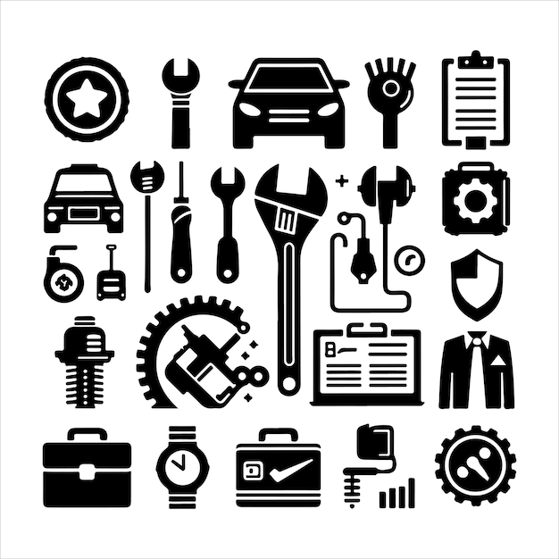 Set of elements of the car service silhouette vector