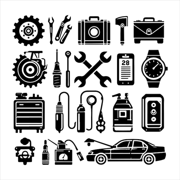 Set of elements of the car service silhouette vector