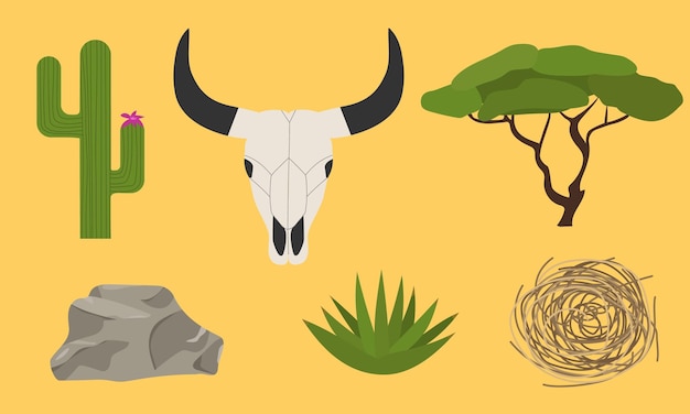 Set of elements for desert. Stone, skull bull, aloe, cactus, tree and dry Tumbleweed. Vector