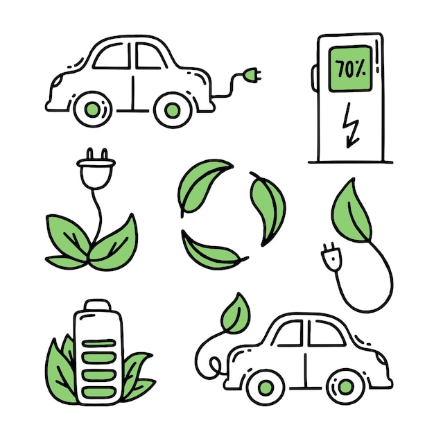 Set elements Electric car Electric refueling Co2 climate change concept green energy Vector doodle