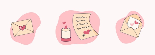 Set of elements of envelopes with a heart, a love letter and candle. Romantic illustration in flat.