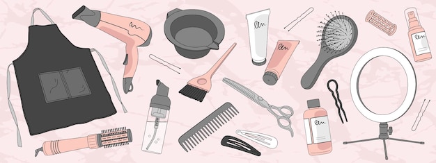 Set of elements for hairdressing salon with different tools and hair products