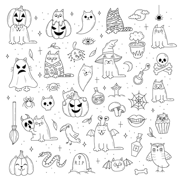 Set of elements for Halloween. Mystical scary objects. Cats, pumpkins, ghosts, potion. Doodle style illustration