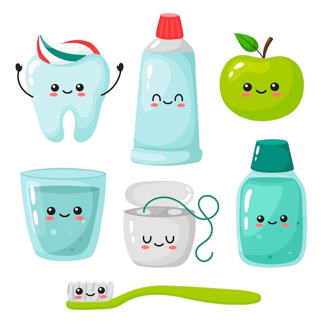 A set of elements for healthy teeth toothbrush toothpaste mouthwash dental floss glass of water apple kawaii tooth  in cartoon style