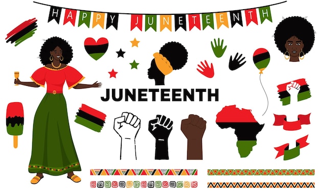 Vector set of elements for juneteenth national independence day african american history freedom day signs symbols a woman a clenched fist a silhouette of africa vector illustration isolated on white