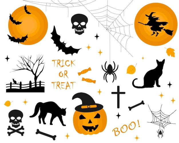 Set of elements,objects and icons for Halloween - pumpkin,skull,bat,witch,black cat,spider.Vector.