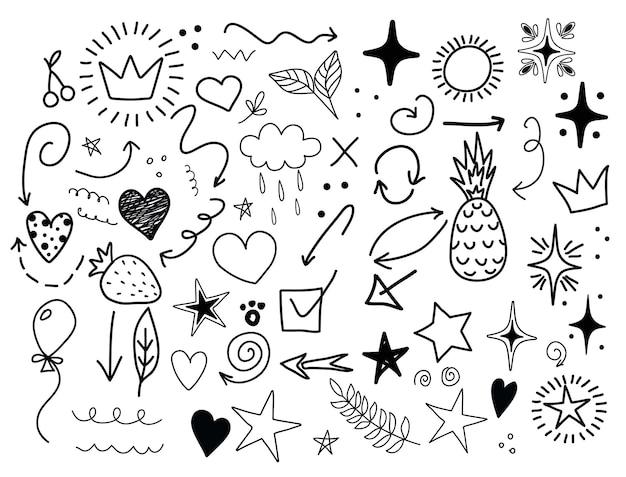 Set of elements simple doodles abstract arrows hearts stars for design