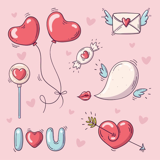 Set of elements for St Valentines Day in doodle style on pink background with hearts