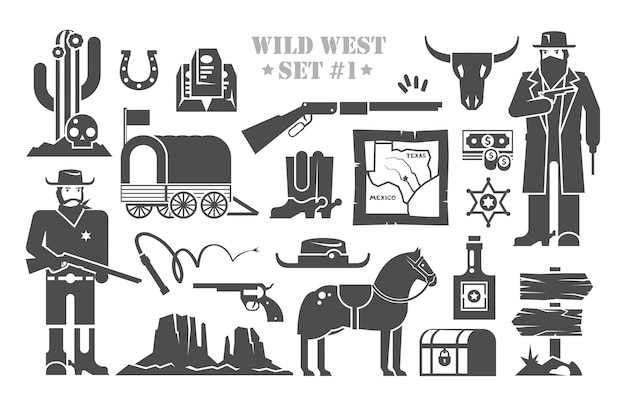 Set of  elements on the theme of wild West. Cowboys. Life in the wild West. The development of America. Part one.