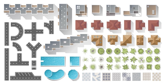 Set of elements top view for map of City Buildings and objects for landscape design Collection kit of House trees cottage plant road element swimming pool tile Vector element from above