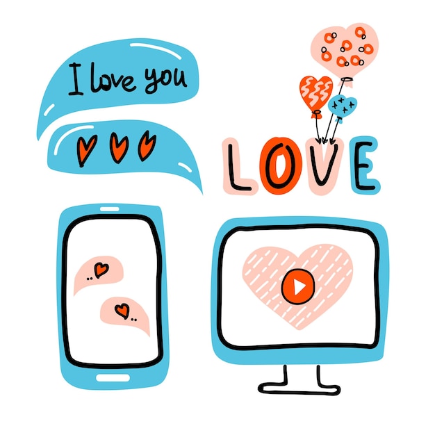 Set elements Virtual Love Chat heart speech bubble mobile phone Flat doodle illustration