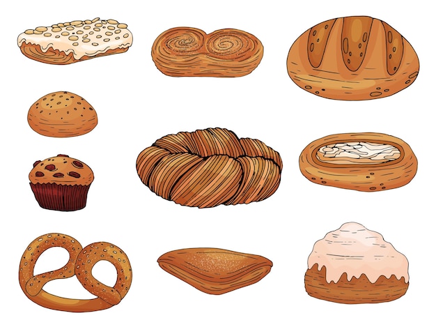 Set of elements with hand drawn bakery products isolate on a white background Vector icons in sketch