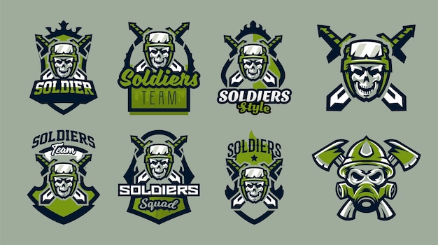 A set of emblems badges logos of a military skull a helmet with tactical goggles and swords Soldier weapon warrior shield lettering Vector illustration