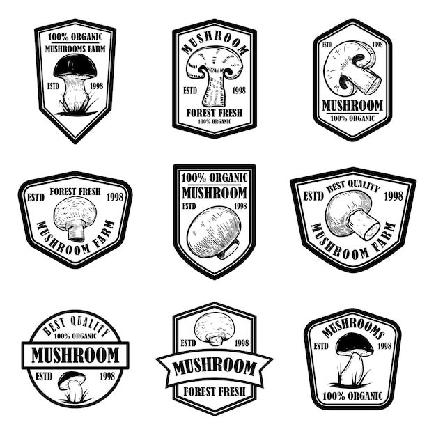 Set of emblems with mushrooms. Design element for poster, logo, label, sign, badge.