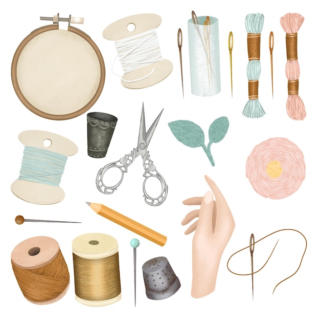 Set of embroidery graphic elements accessories and attributes for embroidery and needlework