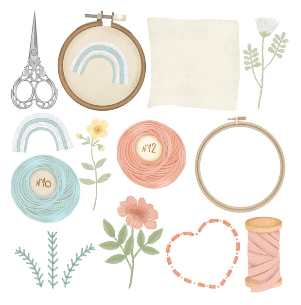 Set of embroidery graphic elements, accessories and attributes for embroidery and needlework