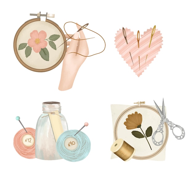 Set of embroidery graphic elements, embroidery hoop and needlework accessories and attributes