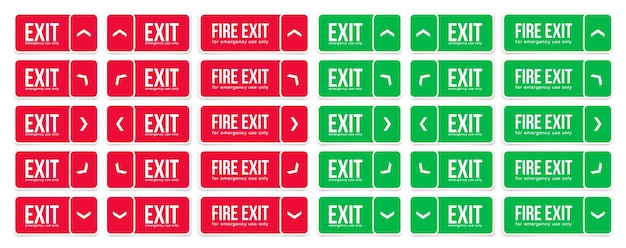 Set of emergency fire exit door icon. Red and green exit signs with different directions.