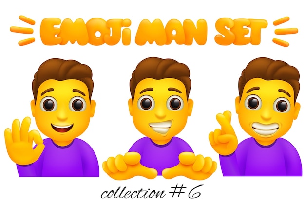 Set of emoji man characters. Cartoon style emoticon collection. Ok, hey you, good luck gestures. 