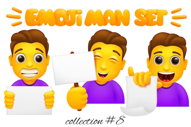 Set of emoji man characters with paper placards template. Cartoon style emoticon collection. 